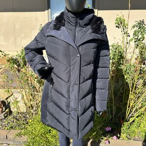 Andrew Marc‎ Coat Womens Large Faux Fur Hooded Walker Jacket Puffer Navy Blue